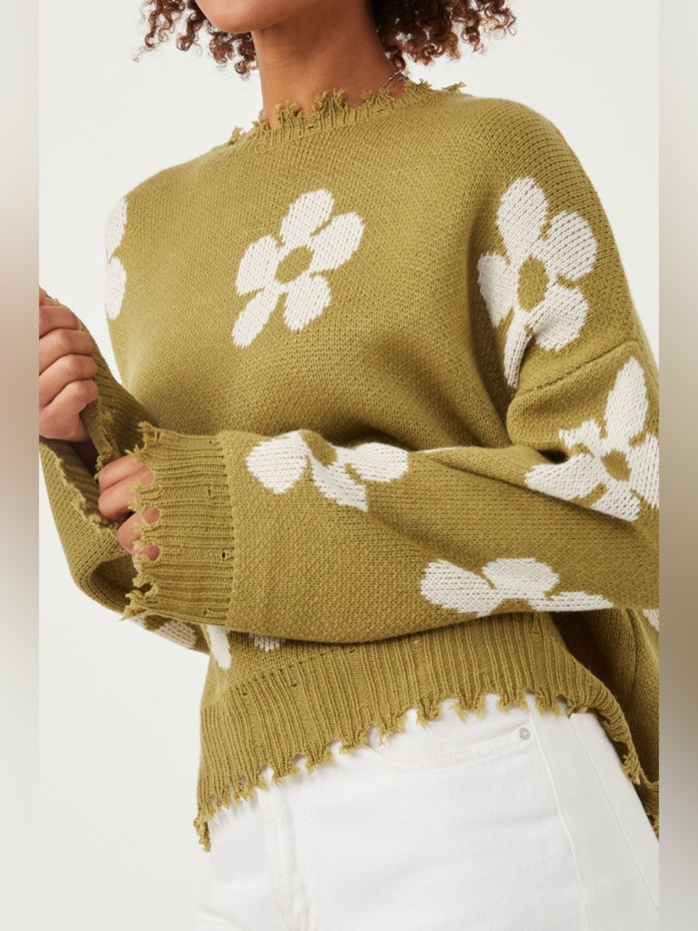 Hayden Los Angeles Distressed Floral Patterned Pullover Sweater - Picture 2 of 3
